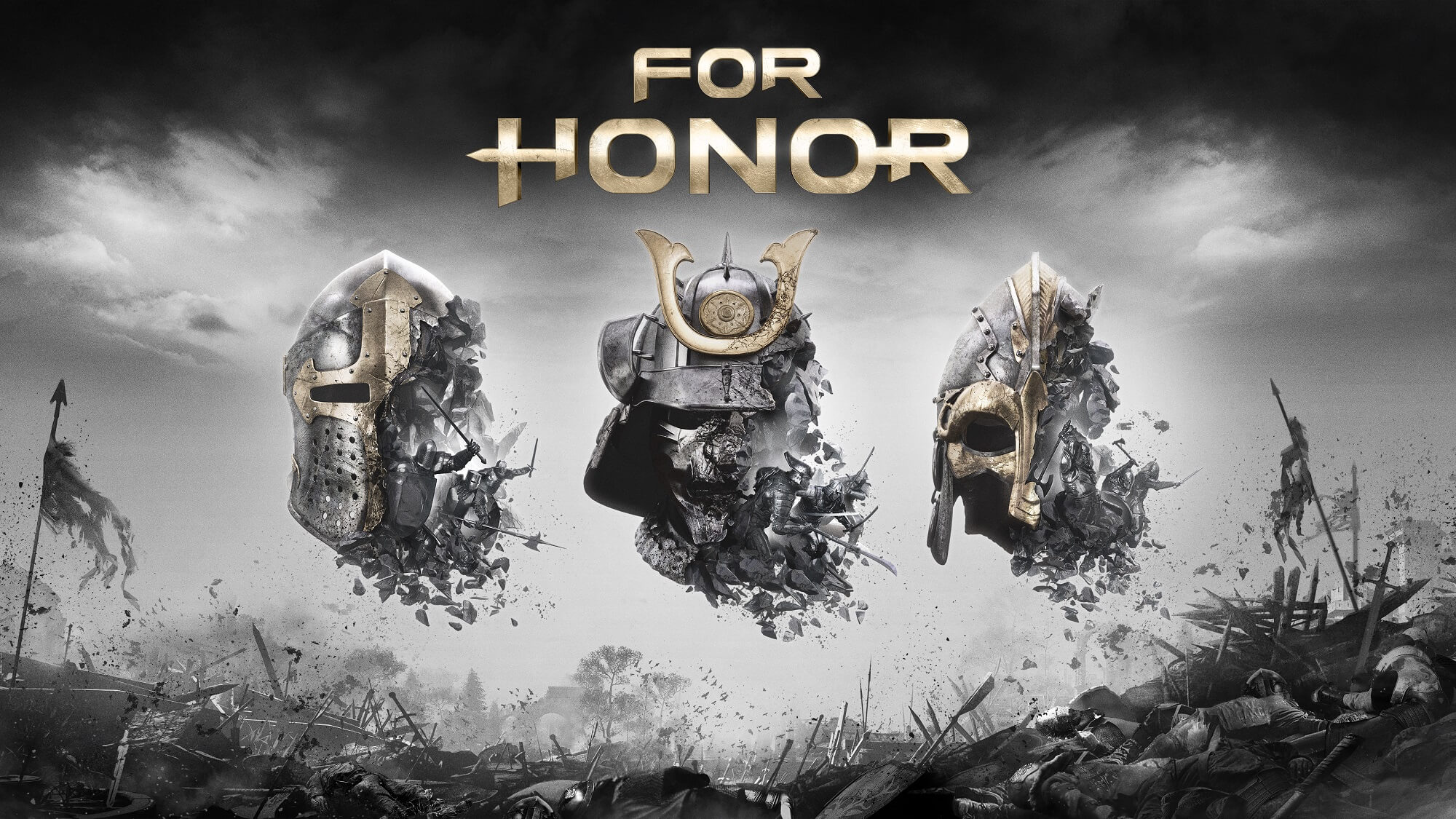 Marketing cover photo for For Honor showing a samurai, knight and viking behind the logo type