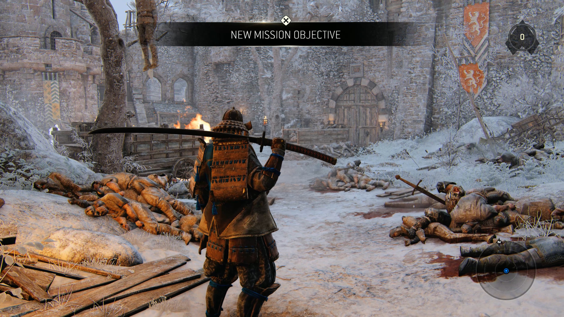Screenshot from For Honor in game. A samurai is standing in a snowy battlefield with a popup overhead stating a new mission objective.