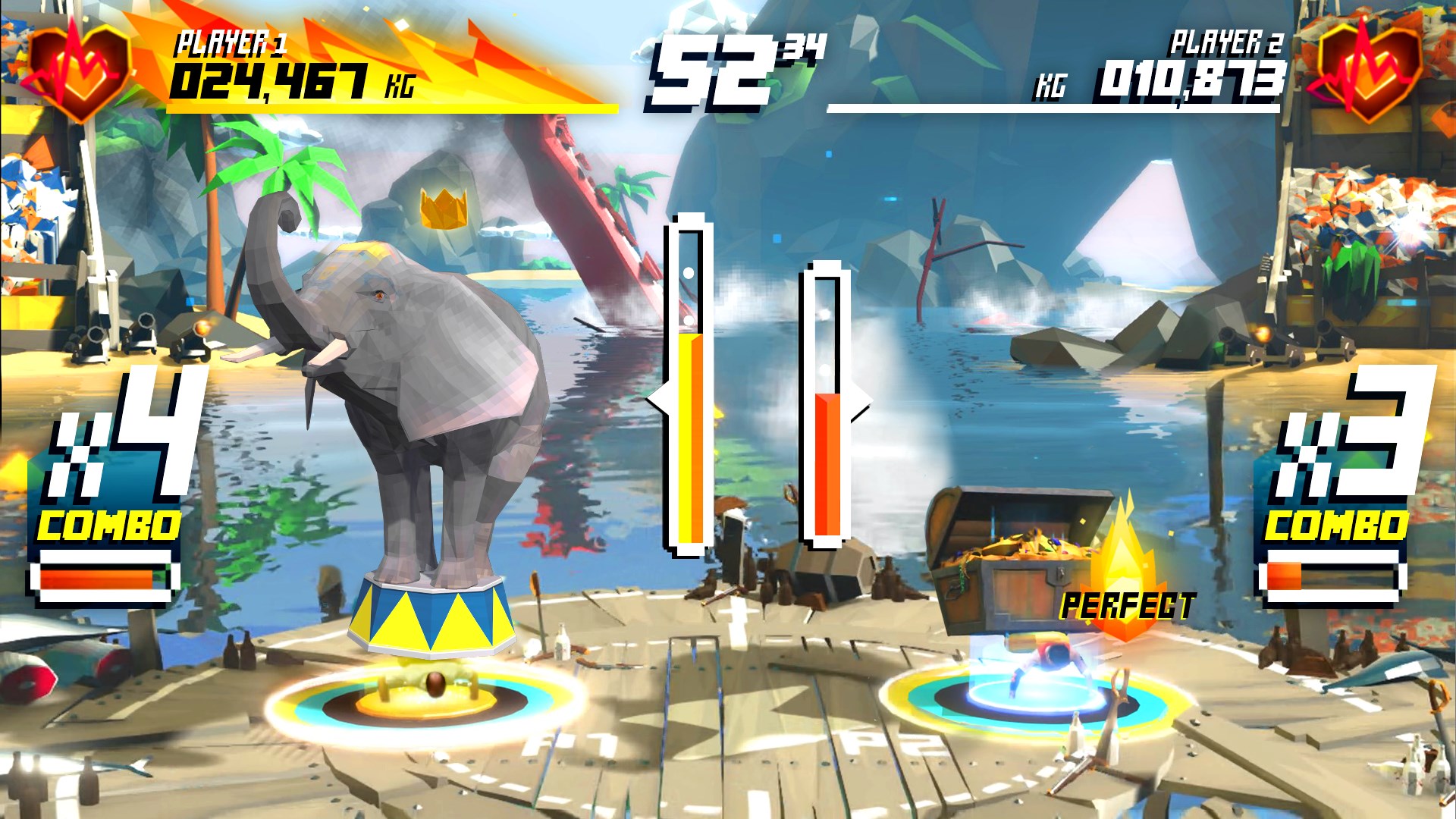 Screenshot from Shape Up showing a player doing pushups (video feed from a Kinect) with a 3D rendering of an elephant on their back.