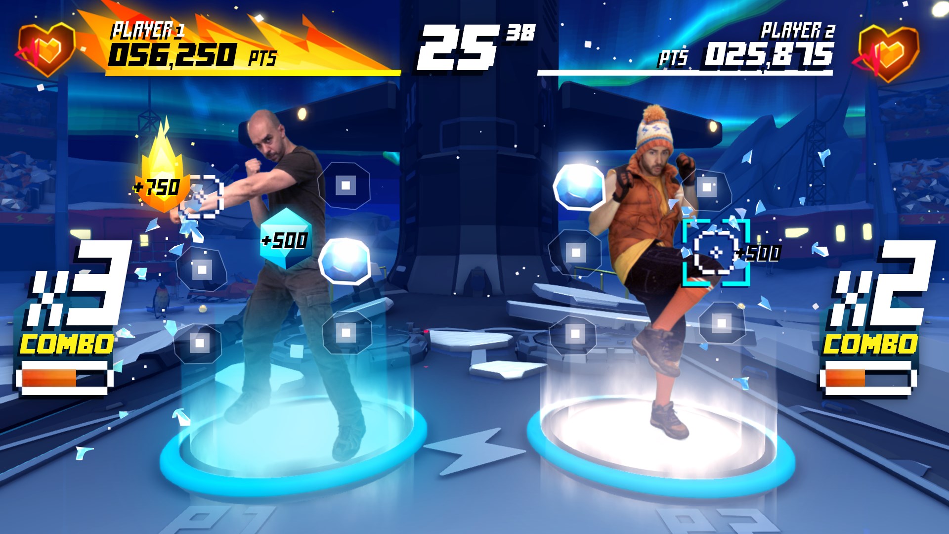 Screenshot from Shape Up showing a two players punching and kneeing digital blocks as part of a workout.
