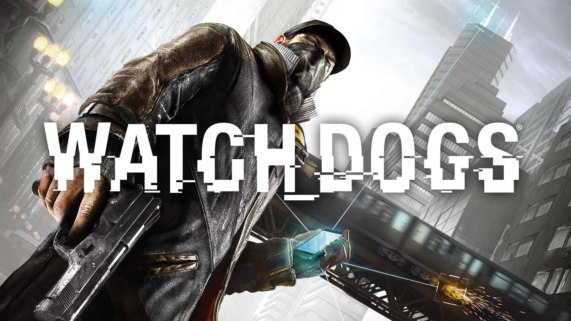 Marketing cover photo for Watch Dogs showing the protagonist behind the stylized logo type