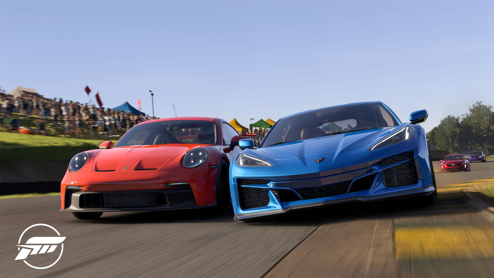 Marketing screenshot from Forza Motorsport depicting a corvette and a porsche neck and neck in a race.