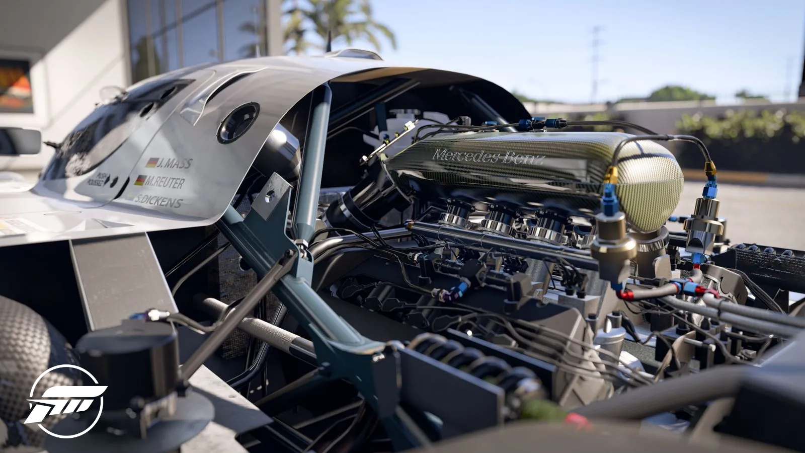 Marketing images from Forza Motorsport depicting an up close rendering of a Mercedes Benz engine.