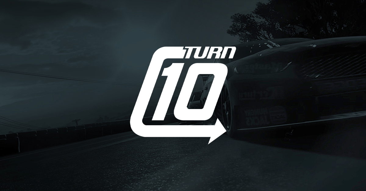 Turn 10 studios logo in front of a dark background with a car.